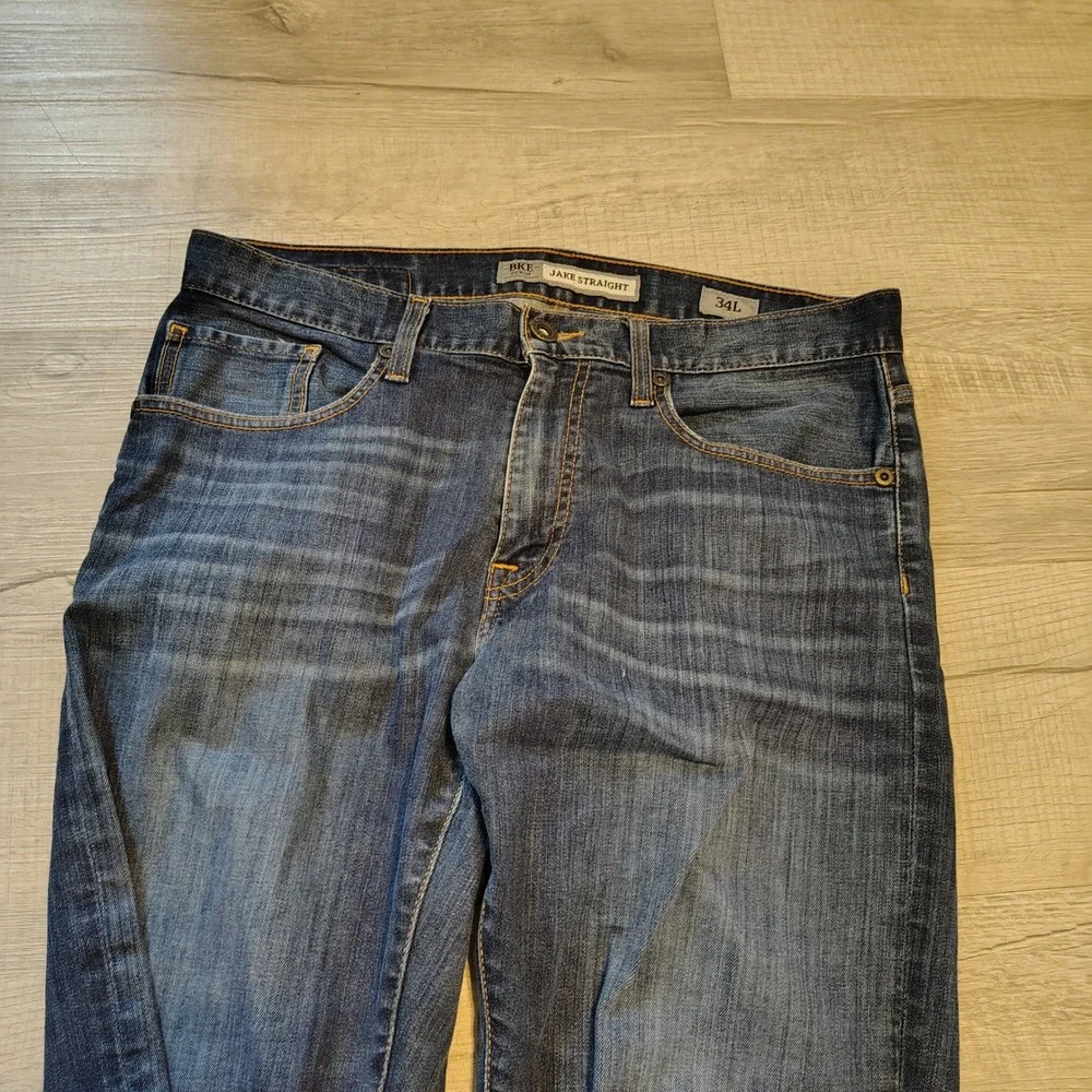 BKE Denim Jake Straight Mens Dark Wash Blue Jeans 34L Stretch Straight Leg